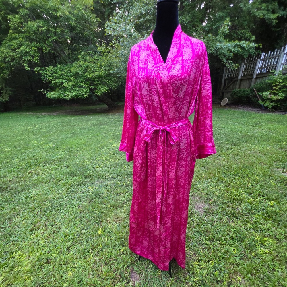 Vintage AUGUST SILK Women's L Pink 100% Silk Floral Jacquard Maxi Kimono Robe